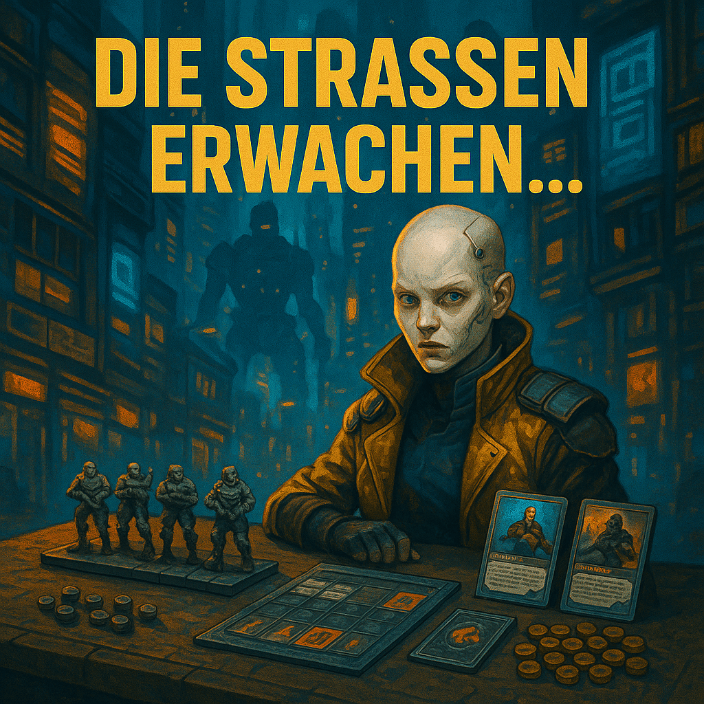 Haarlose Cyberpunk-Frau, sitzt an einem Tisch mit Miniaturen für AEC2090